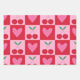 Geruite kersen met roze harten patroon inpakpapier vel