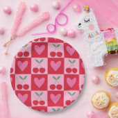 Geruite kersen met roze harten patroon papieren bordje (Feest)