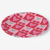 Geruite kersen met roze harten patroon papieren bordje (Gekanteld)