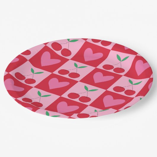 Geruite kersen met roze harten patroon papieren bordje (Gekanteld)