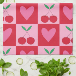 Geruite kersen met roze harten patroon theedoek