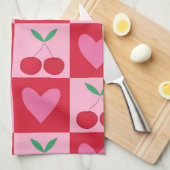 Geruite kersen met roze harten patroon theedoek (Quarter Fold)