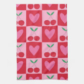 Geruite kersen met roze harten patroon theedoek (Verticaal)