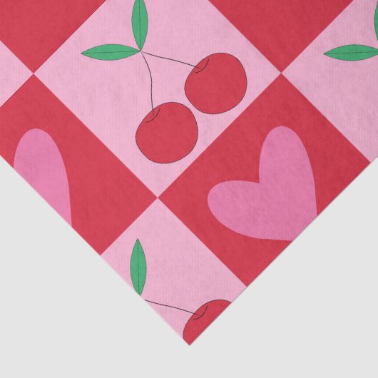 Geruite kersen met roze harten patroon tissuepapier (Detail)