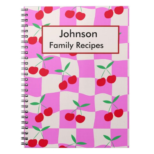 Geruite kersen op roze gepersonaliseerde recepten  notitieboek (Voorkant)