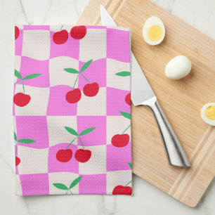 Geruite Kersen op Roze Geruit Borduren Patroon Theedoek