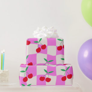 Geruite kersen op roze vervormde damborden cadeaupapier