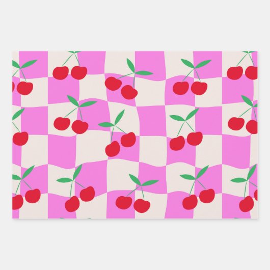 Geruite kersen op roze vervormde damborden inpakpapier vel (Voorkant)