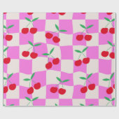 Geruite kersen op roze verwrongen dambord cadeaupapier (Vlak)
