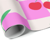 Geruite kersen op roze verwrongen dambord cadeaupapier (Rol Hoek)