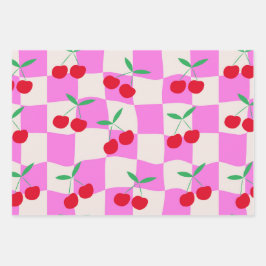 Geruite kersen op roze verwrongen dambord inpakpapier vel