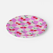 Geruite kersen op roze verwrongen dambord papieren bordje (Gekanteld)