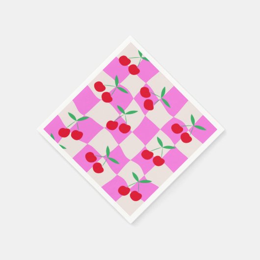 Geruite kersen op roze verwrongen dambord servet (Hoek)