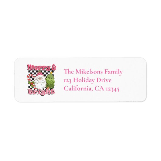 Geruite Kerst-adreslabel Merry & Bright Etiket (Voorkant)