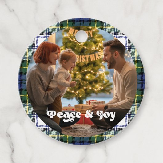 Geruite kerstcadeautag met aangepaste foto bedankjes labels (Voorkant)