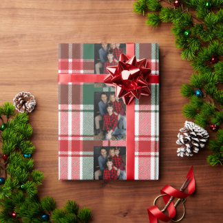 Geruite Kerstmis Familie Foto Cadeaupapier