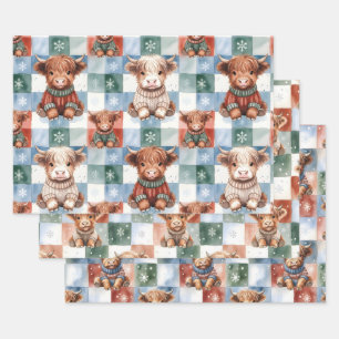 Geruite Kerstmis Hoogland Koe Rood Groen Blauw Inpakpapier Vel