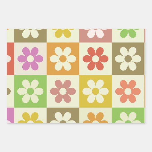 Geruite kleurrijke retro bloemen patroon inpakpapier vel (Voorkant)