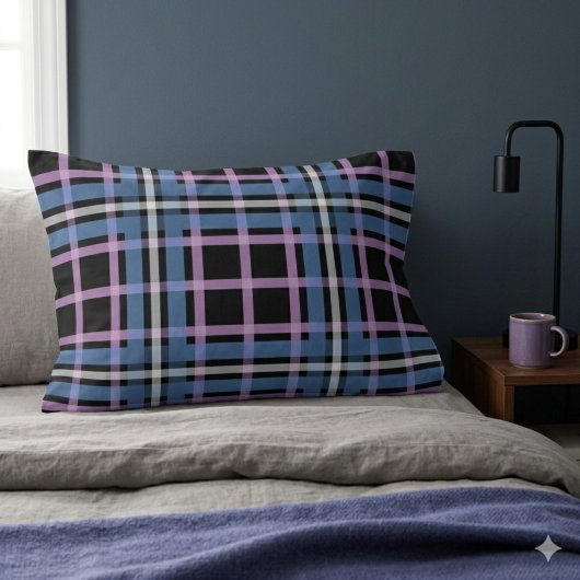 Geruite kussensloop – Blauw, lavendel & Zwart