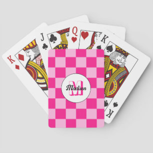 Geruite licht roze geometrische retro monogram pokerkaarten