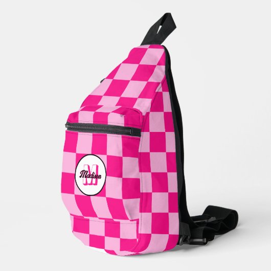 Geruite licht roze geometrische retro Monogram Sling Bag (Rechterhoek)