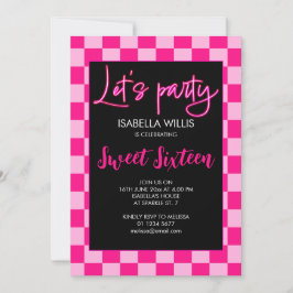 Geruite licht roze retro feestje Sweet 16 Kaart