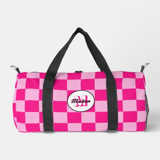 Geruite lichtroze geometrische retro monogram plunjezak (Voorkant)