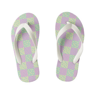 Geruite Liefde-Pastel Roze, Geel, Paars & Groen Kinder Teenslippers