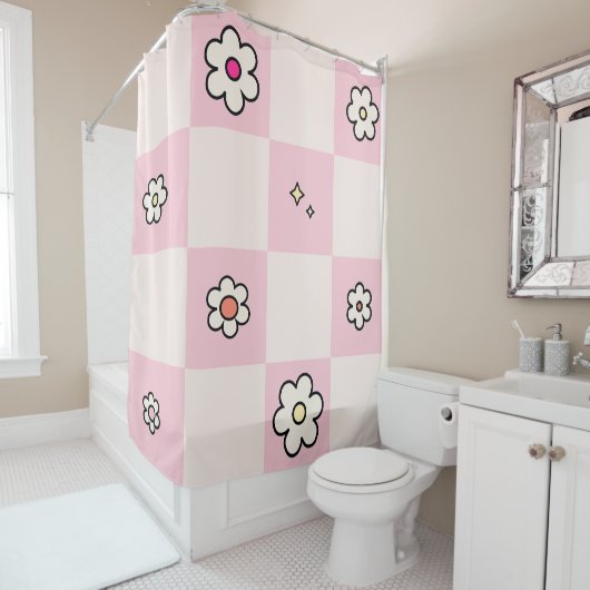 Geruite madeliefjes roze douchegordijn (In situ)