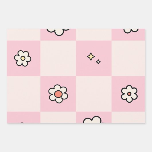 Geruite madeliefjes roze inpakpapier vel (Voorkant)