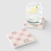 Geruite madeliefjes roze stenen onderzetter (Zijkant)