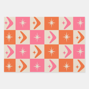 Geruite mid-century boemerangs roze en oranje inpakpapier vel