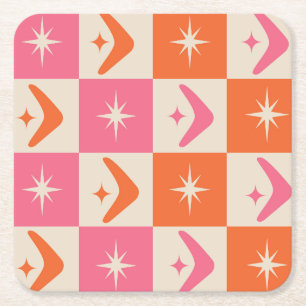 Geruite mid century boemerangs roze en oranje kartonnen onderzetters
