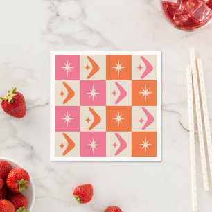 Geruite mid-century boemerangs roze en oranje servet