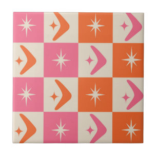 Geruite mid-century boemerangs roze en oranje tegeltje