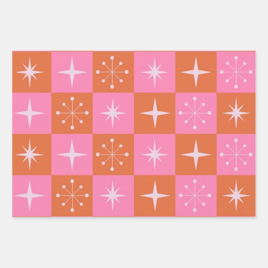 Geruite Mid Century Roze en Oranje Starbursts Inpakpapier Vel (Voorkant 2)