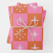 Geruite Mid Century Roze en Oranje Starbursts Inpakpapier Vel (In situ)