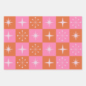 Geruite Mid Century Roze en Oranje Starbursts Inpakpapier Vel (Voorkant)