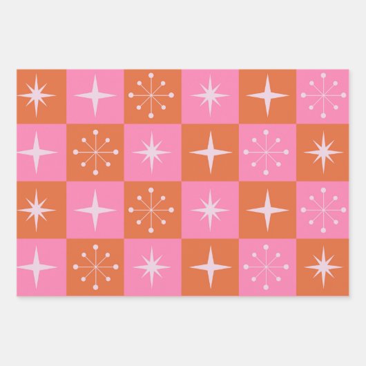 Geruite Mid Century Roze en Oranje Starbursts Inpakpapier Vel (Voorkant)