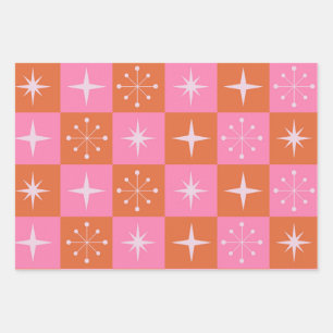 Geruite Midden Eeuw Roze en Oranje Sterrenexplosie Inpakpapier Vel