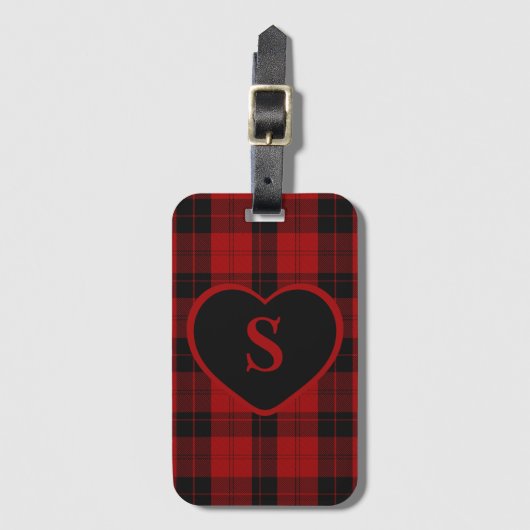 Geruite Monogram Kerst Rode Buffel Plaid Bagagelabel (Voorkant (verticaal))