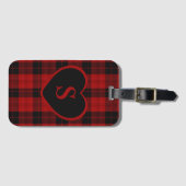 Geruite Monogram Kerst Rode Buffel Plaid Bagagelabel (Voorkant (horizontaal))