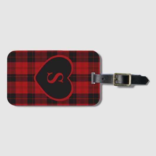 Geruite Monogram Kerst Rode Buffel Plaid Bagagelabel (Voorkant (horizontaal))