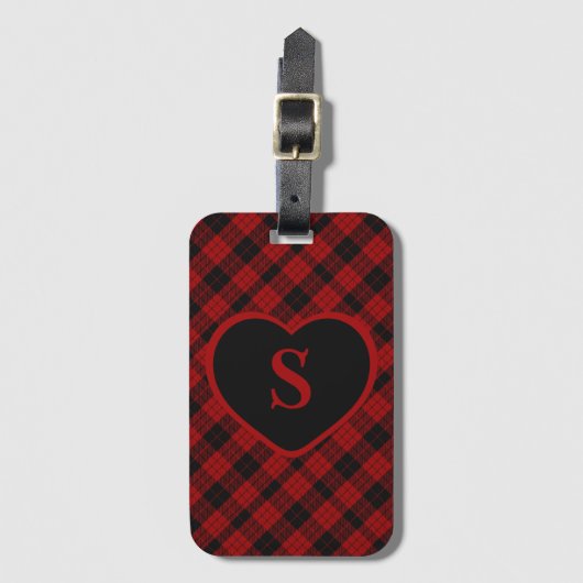 Geruite Monogram Kerst Rode Buffel Plaid Bagagelabel (Voorkant (verticaal))
