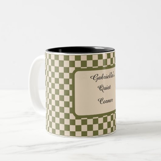 Geruite Mos Groen en Beige Rustige Hoek Quote Tweekleurige Koffiemok (Voorkant links)