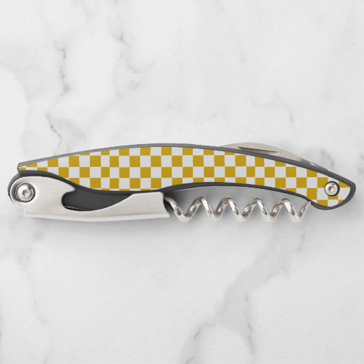 Geruite mosterd geel en wit kurkentrekker (Voorkant)