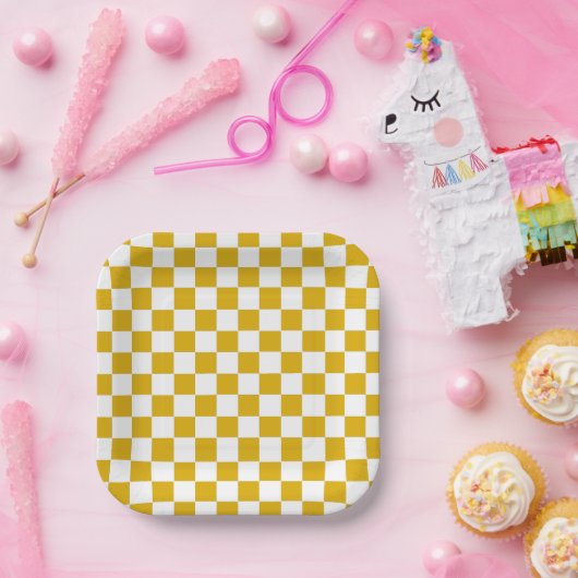 Geruite mosterd geel en wit papieren bordje (Feest)