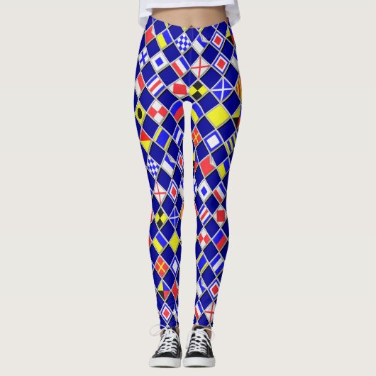 Geruite nautische signaal vlaggen marine blues leggings (Voorkant)