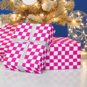 Geruite neon roze en wit cadeaupapier