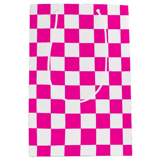 Geruite neon roze en wit medium cadeauzakje (Voorkant)